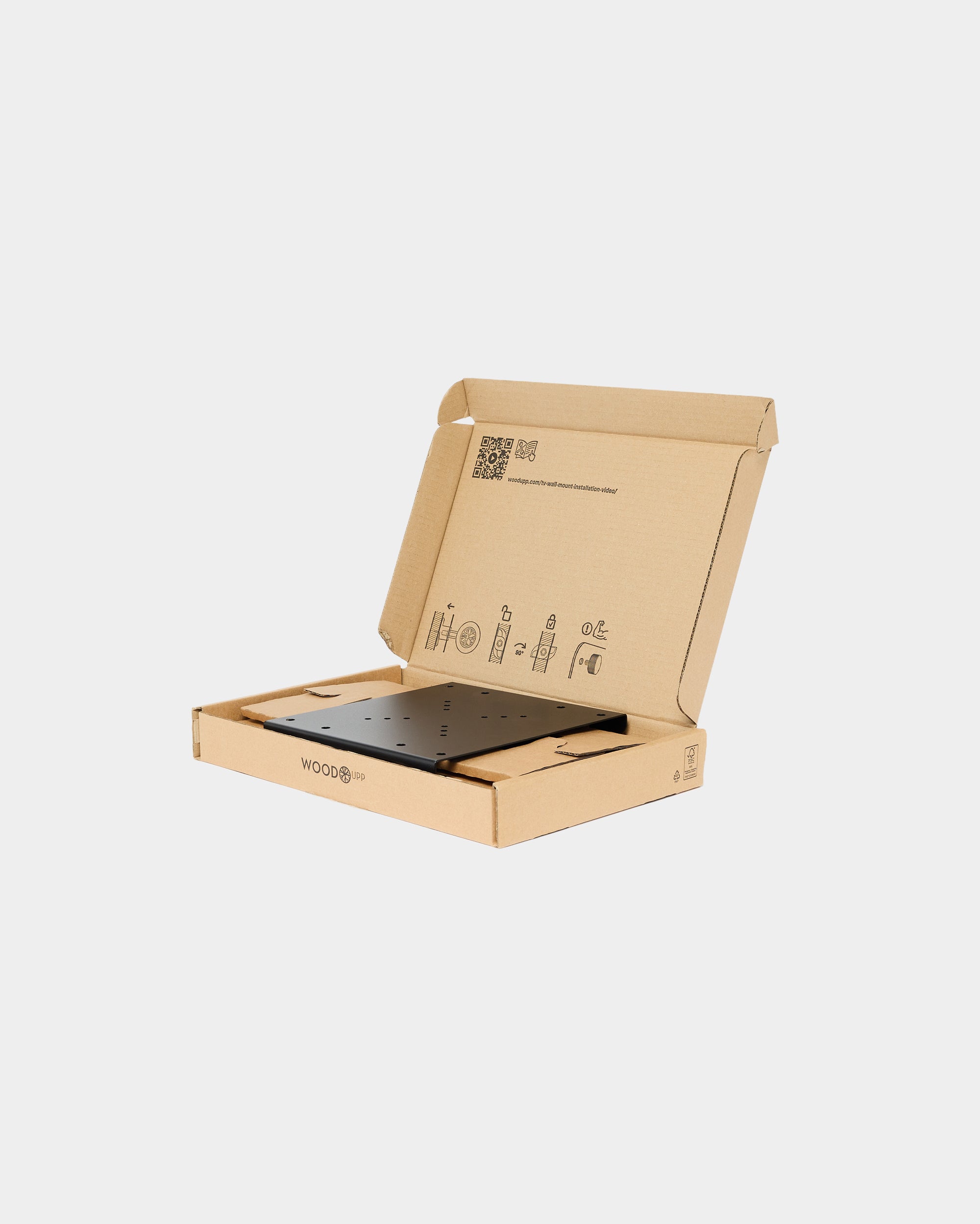 Open cardboard box with WOODBO logo on a white background, displaying a sleek black rectangular acoustic panel inside.